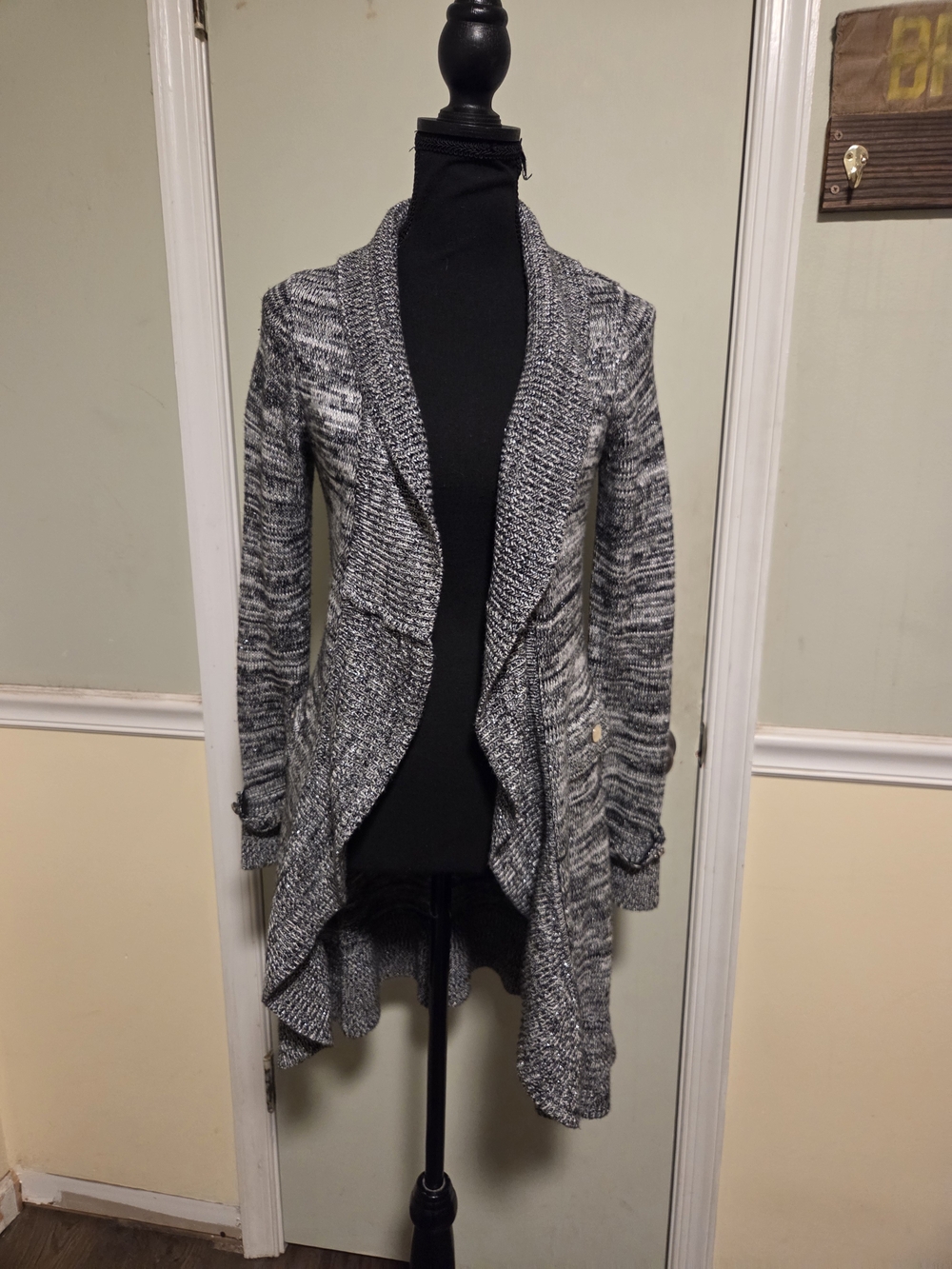White House Black Market Grey Marled Shawl-Collar Open Front Cardigan